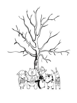 Fingeravtrycksaffisch med trä och unika djur